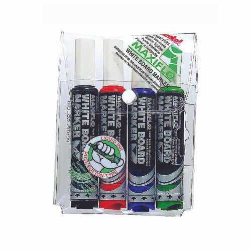 Pentel MWL6 Maxiflo Whiteboard Marker Chisel Point 3.0-7.0mm Assorted Wallet of 4 (Black, Red, Blue, Green)