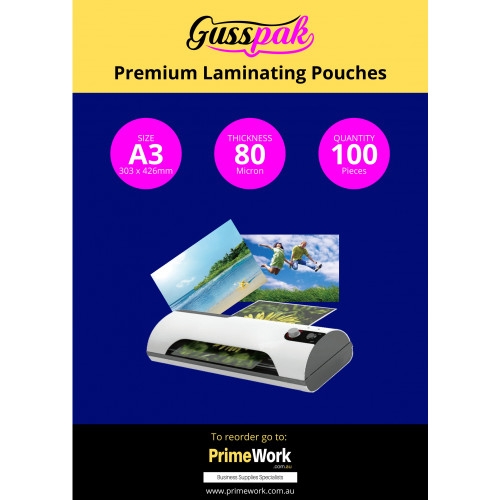 Carton of 500 x Gusspak Laminating Pouches A3 80 Micron Gloss (5 packs of 100)