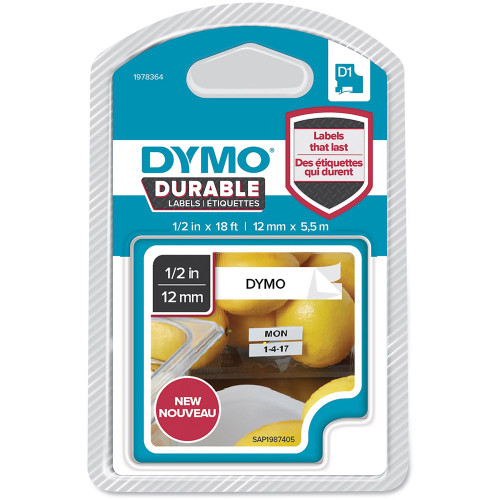 DYMO D1 DURABLE LABELLING TAPE Cassettes Black on White 12mmx5.5m