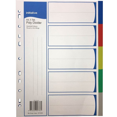 INITIATIVE DIVIDERS PP 5 TAB A4 ASSORTED COLOURS