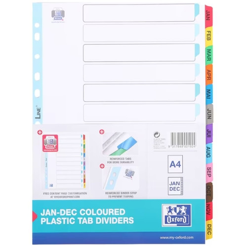 Oxford A4 January to December Coloured Plastic Tab Dividers