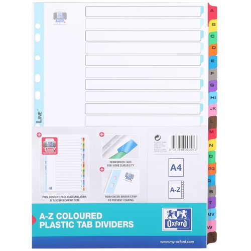 Oxford A4 A-Z Plastic Tab Dividers Colour Reinforced
