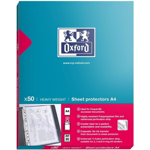 Oxford A4 Sheet Protector Heavy Weight A4 PP 90 Micron Clear Copy Safe 50 Pack