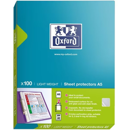 Oxford A5 Sheet Protector Light Weight PP 40 Micron Clear 100 Pack