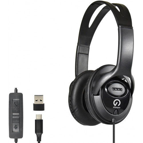 Shintaro Over-The-Ears USB-C Headset with In-Line Microphone (Includes USB-C to USB-A Adapter for use with PCs and Laptops)