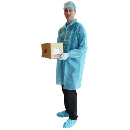 Proval Polyproplyene Disposable Lab Coat, No Pockets Uni Size - Blue, Box of 50