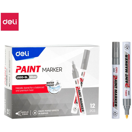 Deli Paint Marker Silver (U500) Bullet Tip 2.0mm Pack of 12
