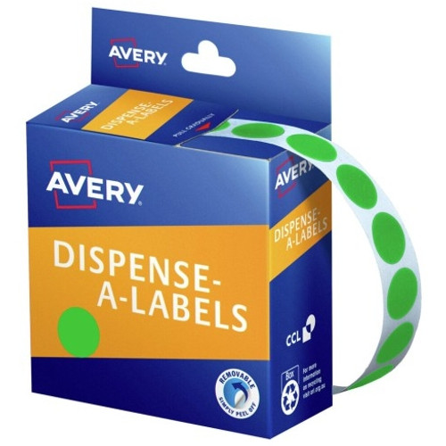 AVERY DISPENSER LABELS Circles DMC14G 14mm Green, Pk1050