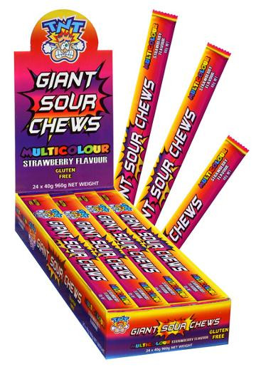 TNT TNT GIANT SOUR CHEW MULTICOLOUR 40GM (Carton of 24)
