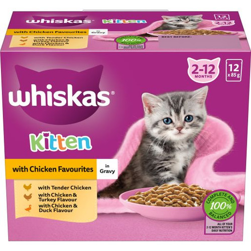 WHISKAS FAVOURITE KITTEN WITH CHICKEN WET CAT FOOD MVMS 12X85GM