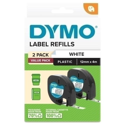 Dymo Letratag Plastic Label Tape 12mm x 4m Black on White 2 Pack
