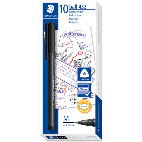 Staedtler Stick 432 Triangular Ballpoint Pen 1.0mm Medium - Black, Box of 10