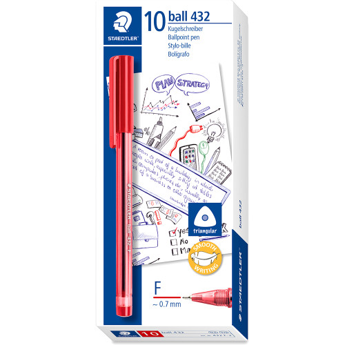 Staedtler 432 Stick Triangular Ballpoint Pen Fine 0.7mm Red Box of 10 *** While Stock Lasts ***