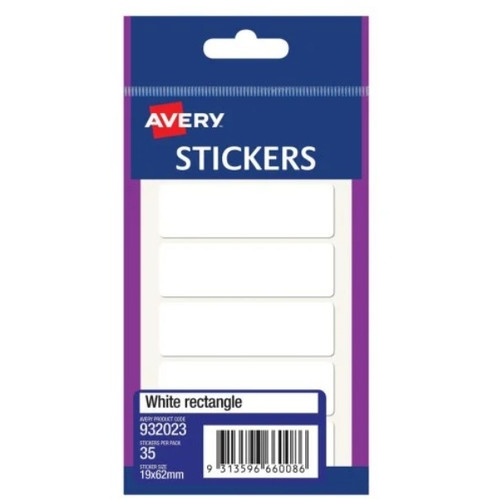 Avery White Rectangle Stickers 62 x 19 mm, Permanent, Pack of 35