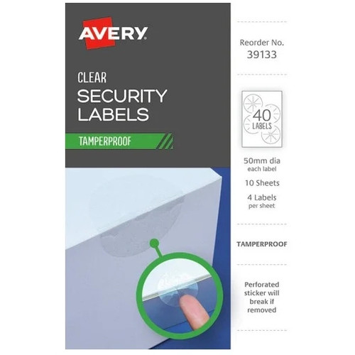 Avery Clear Security Tamperproof Labels, 4UP 50mm Circle, Pack of 10 Sheets (40 Labels)