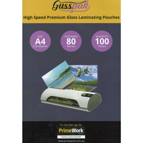 Gusspak A4 High Speed Laminating Pouches 216mm x 303mm 80 Micron Premium Gloss Pack Of 100