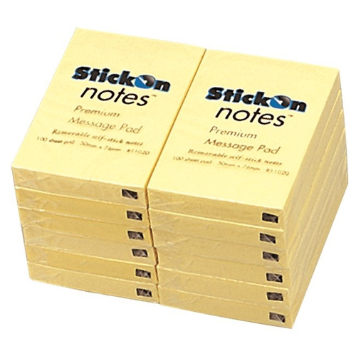 Stick On Notes 50mm x 76mm 12 Pads x 100 Sheets - Yellow (11020)