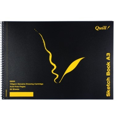 Quill Q Series Sketch Book PP Short Bound Non- Perforated Pages 110gsm A3 20 Sheets - Black (Q533N/ 10510)