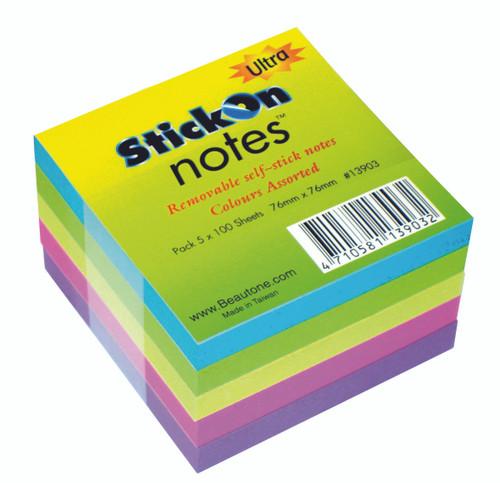 Stick On Notes 76mm x 76mm 100 Sheets - Ultra Assorted, Pack of 5 (13903)