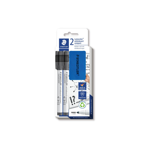 Staedtler 341 Lumocolor Whiteboard Compact Marker 2 Black Bullet Point Plus Eraser Set