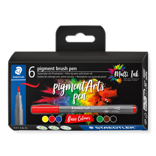 Staedtler 371 Pigment Arts Brush Pen, Basic Colours, Pack of 6