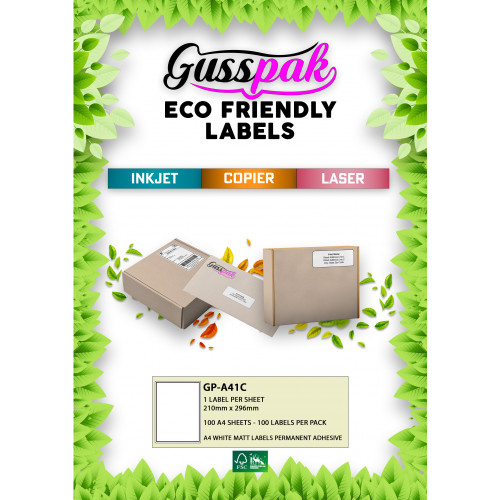 Gusspak White Eco-Friendly Laser/Inkjet/Copier Labels - 210mm x 296mm (No Border) - 1 Label Per Sheet - Pack Of 100 Sheets