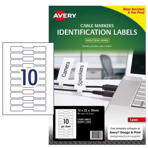 Avery L7952 Printable Cable Markers Identification Labels - 22 x 72 mm, Laser, Permanent Pack of 50 labels (10 Labels/ Sheet x 5 Sheets)