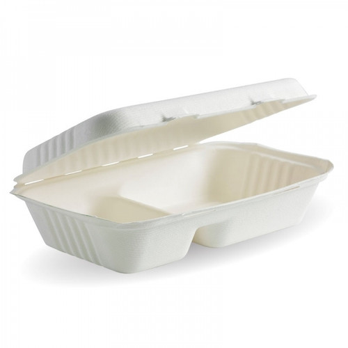 WOW 9 x 6 x 3” 2-Compartment Sugarcane Clamshells, Carton of 200