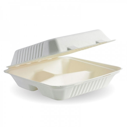 WOW 9 x 9 x 3”  3-Compartment Sugarcane Clamshells, Carton of 200