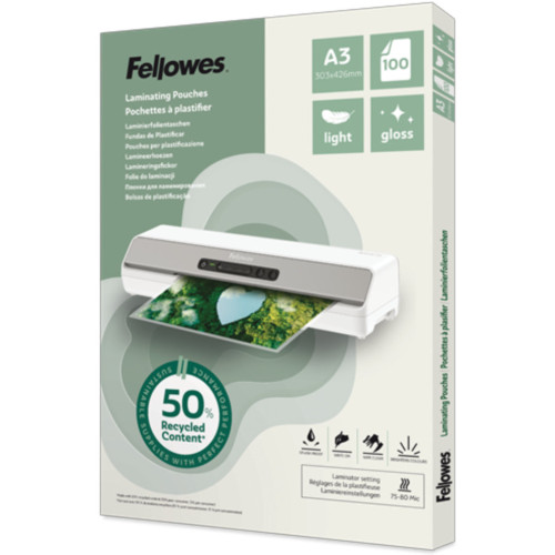 Fellowes Laminating Pouches Recycled A3 - Light Duty Gloss, Pack of 100