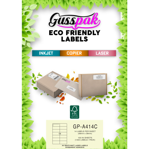 Gusspak White Eco-Friendly Laser/Inkjet/Copier Labels - 98mm x 38mm (No Border) - 14 Labels Per Sheet - Pack Of 100 Sheets