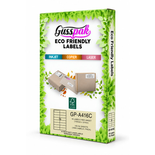 Gusspak White Eco-Friendly Laser/Inkjet/Copier Labels - 105mm x 37mm (No Border) - 16 Labels Per Sheet - Pack Of 100 Sheets