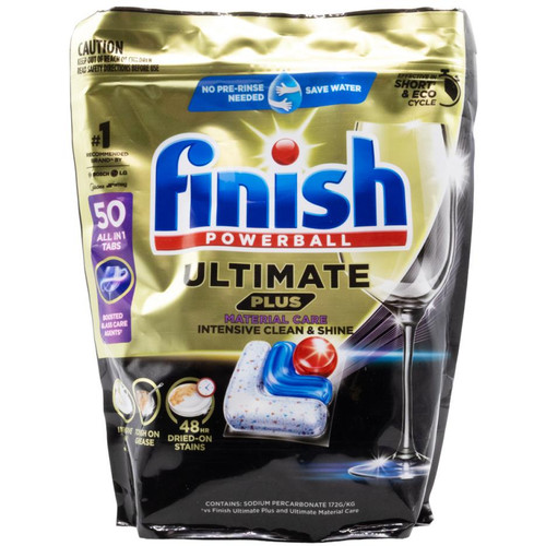 FINISH PK50 DISHWASHER TABS POWERBALL ALL IN 1 ULTIMATE PLUS BOOSTED GLASS CARE MATERIAL CARE