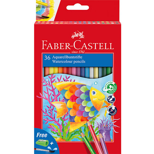 Faber-Castell Watercolour Pencils, Assorted – Pack of 36 (Also includes 1 brush & 1 sharpener)