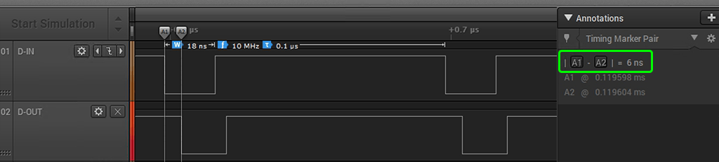 Logic analyzer data capture showing the FA SO.CD button input to output falling edge latency at 6 nS (nanoseconds) 
