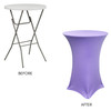 30 inch Highboy Cocktail Round Stretch Spandex Table Cover Lavender Dimensions plastic cocktial table