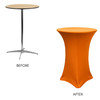 30 inch Highboy Cocktail Round Stretch Spandex Table Cover Orange on wooden table 30 inch Highboy Cocktail Round Stretch Spandex Table Cover Orange on wooden table