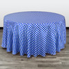 132 inch Round Satin Tablecloth Royal Blue/White Polka Dots