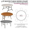 How to Buy Black Satin Tablecloths for 5 ft Round Tables? Use this Tablecloth Sizing Guide, a quick and easy printable table cloth sizing chart. 120 inch round table linens will fully drape a 5 ft round table or 60 inch . Check the image for your other table cover measurement options.