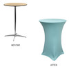 30 Inch Highboy Cocktail Round Stretch Spandex Table Cover Dusty Blue wooden table