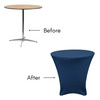 30 x 30 inch Lowboy Cocktail Round Stretch Spandex Table Covers Navy Blue Before After