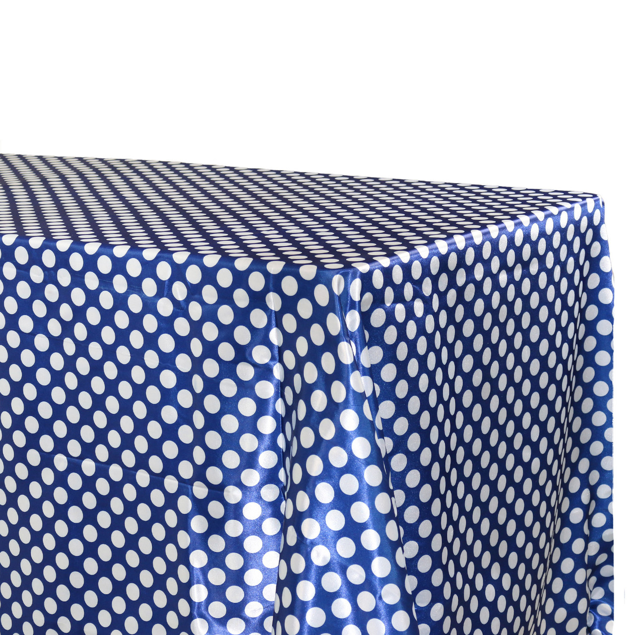 90 x 156 Inch Rectangular Satin Tablecloth Royal Blue/White Polka Dots