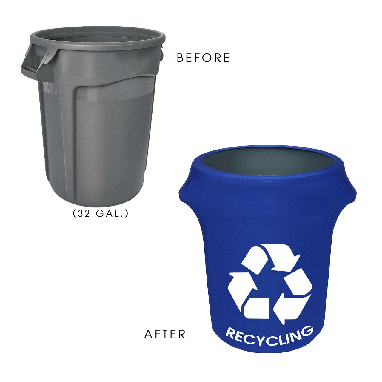 23 Gallon Spandex Slim Jim Narrow Trash Can Cover Royal Blue with Recycling Logo