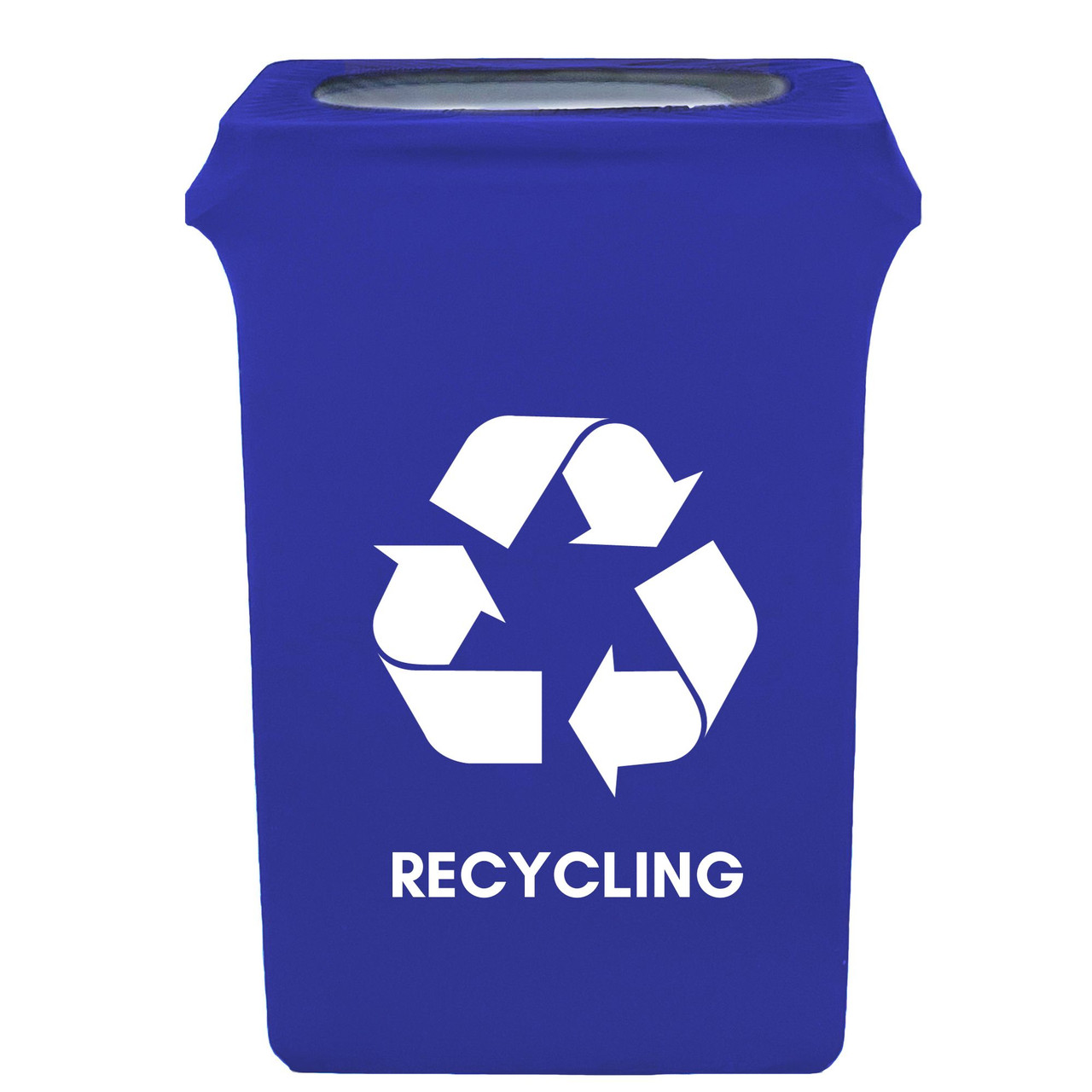 23 Gallon Spandex Slim Jim Narrow Trash Can Cover Royal Blue with Recycling Logo