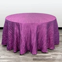 120-inch round purple crinkle taffeta tablecloth draped over a round table.