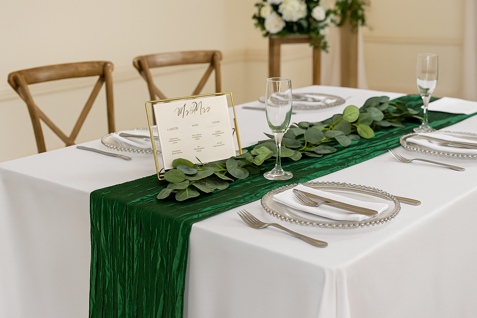 14 x 108 inch Crinkle Taffeta Table Runner Hunter Green lifestyle