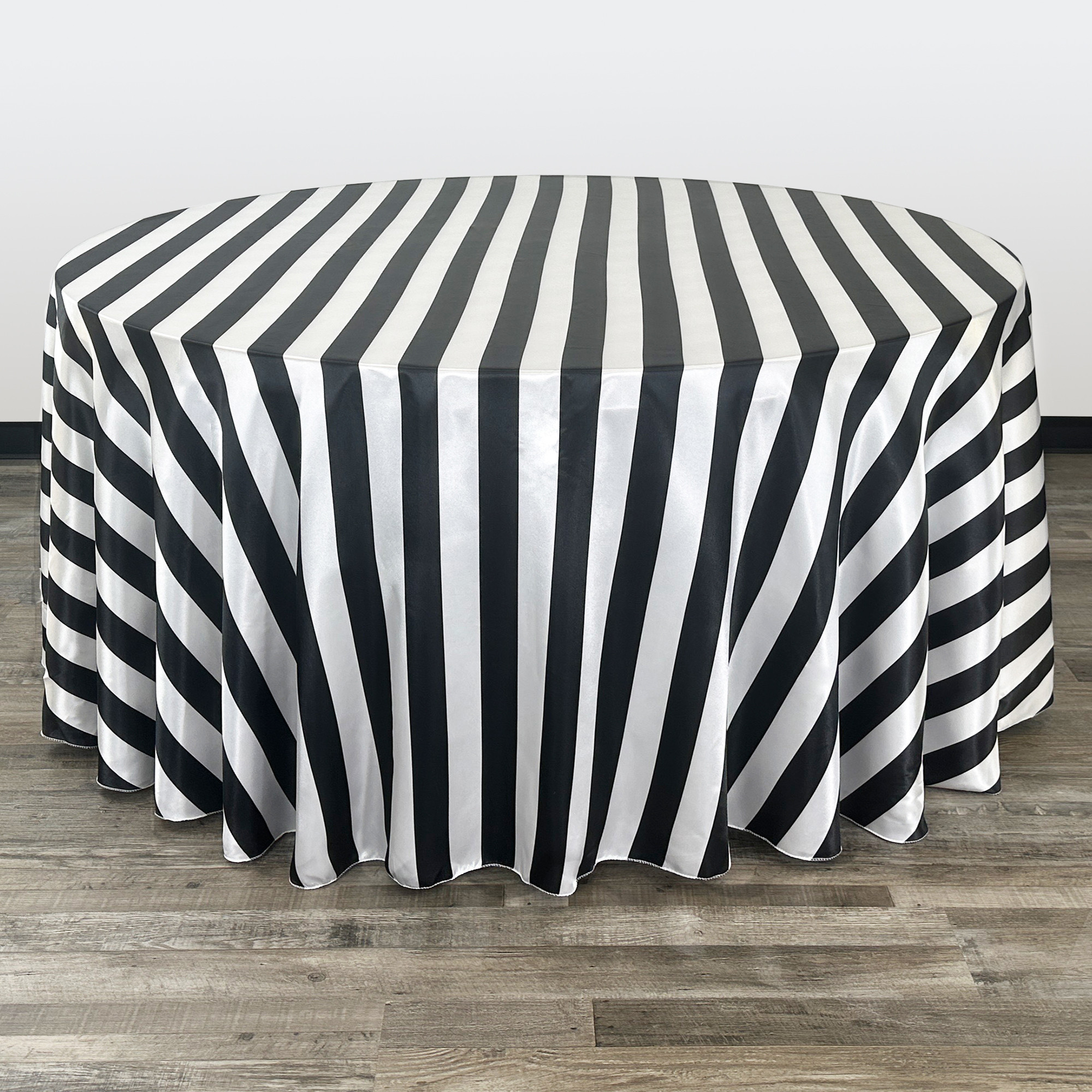 132 Inch Round Satin Tablecloth Black/White Striped