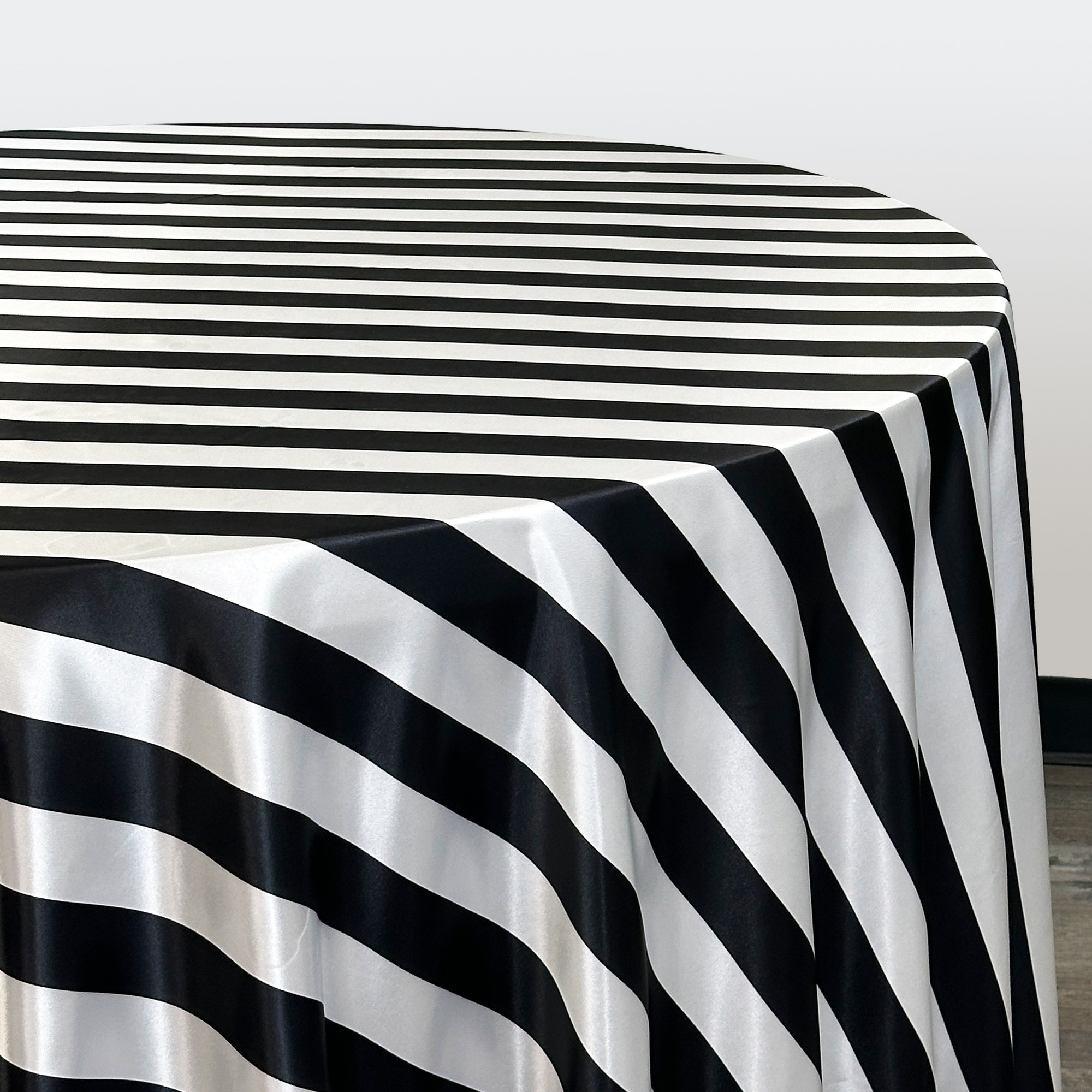 132 Inch Round Satin Tablecloth Black/White Striped Side