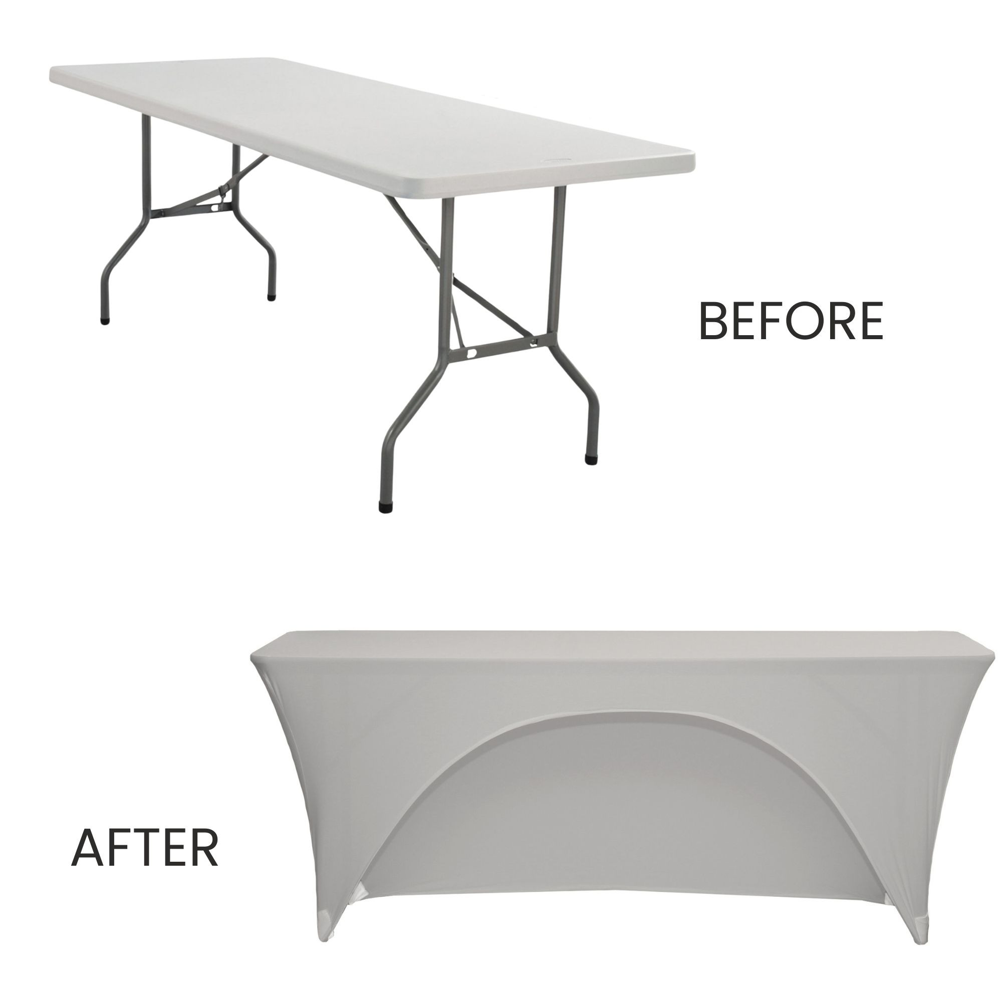 Stretch Spandex 6 Ft Open Back Rectangular Table Cover Silver before and after