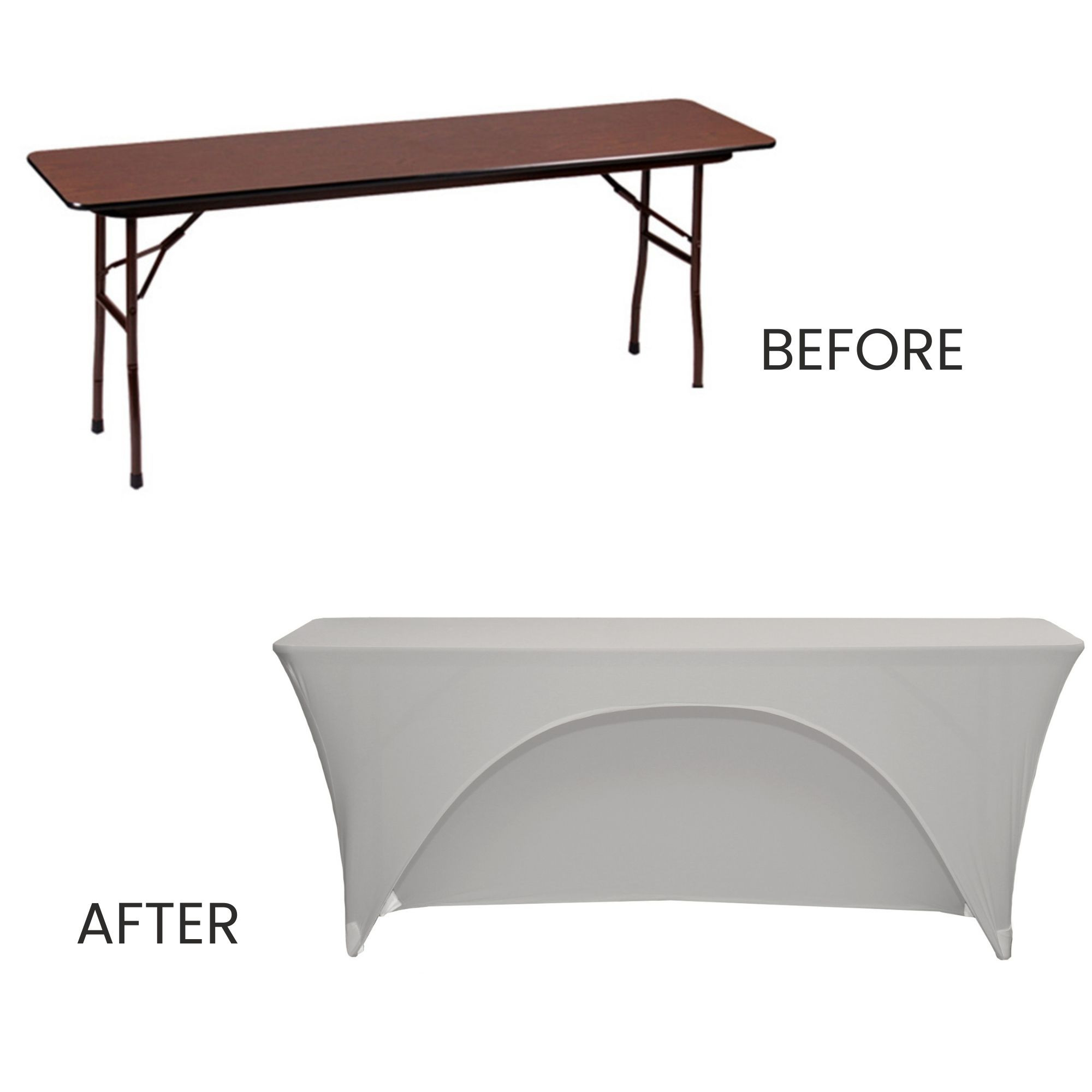 Stretch Spandex 6 ft x 18 Inches Open Back Rectangular Table Cover Silver before and after